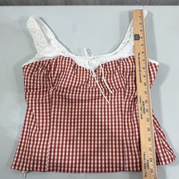 ZARA Gingham Corset Milk Maid Tank Top Rust White Ruched Tie Women’s Size XL - Picture 7 of 9